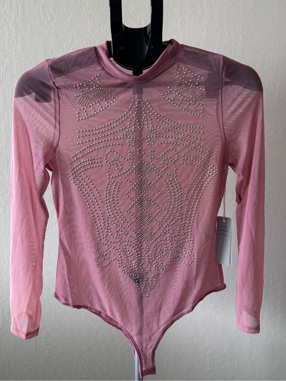 IRIS Pink Long Sleeve Rhinestone Mesh Bodysuit